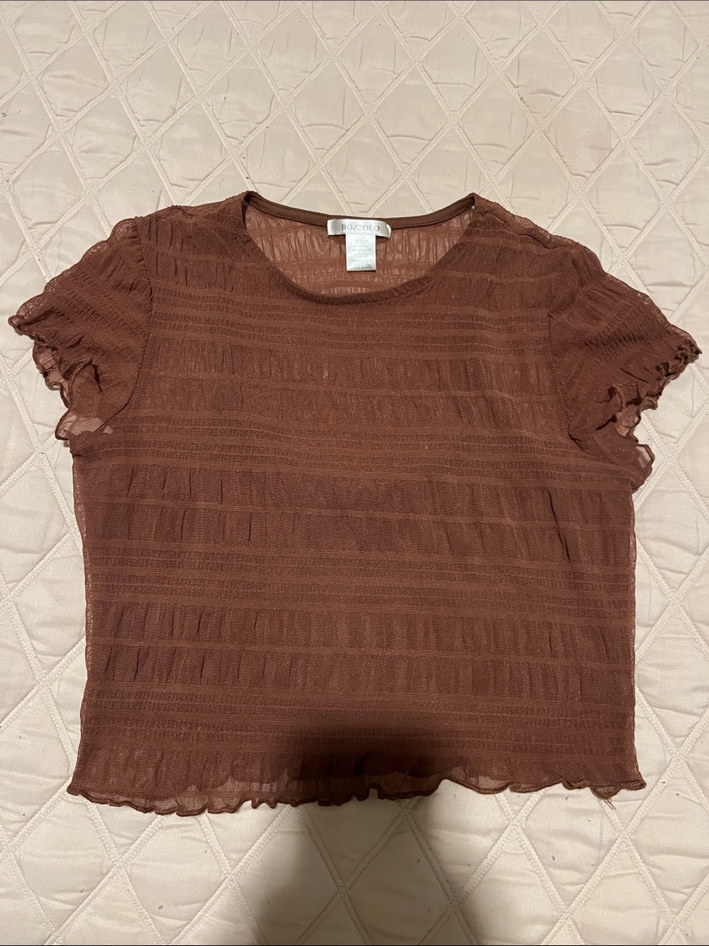 Bozzolo Brown Short Sleeve Ruffled Sheer Tee